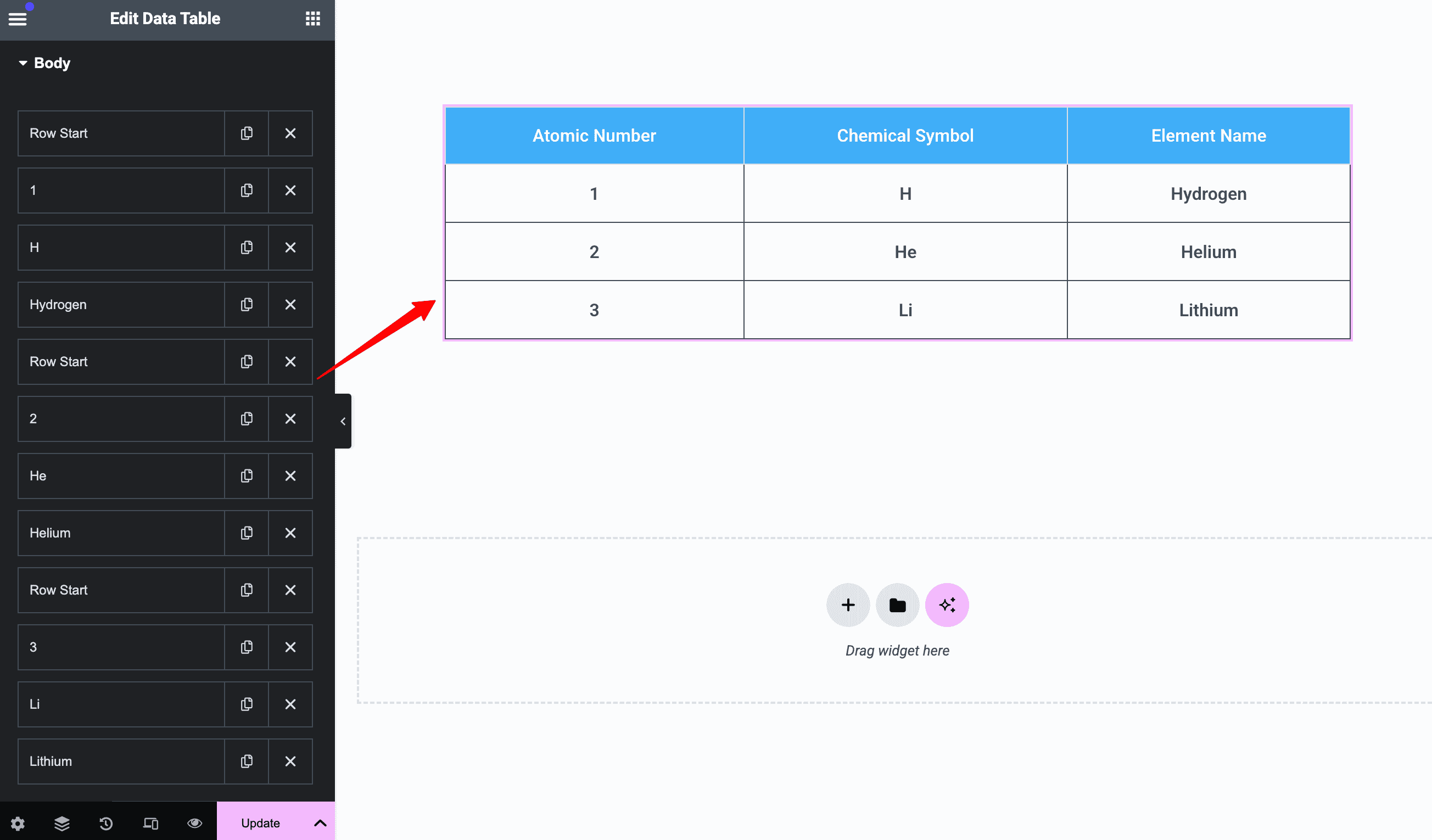 Add Content in Data Table Elementor