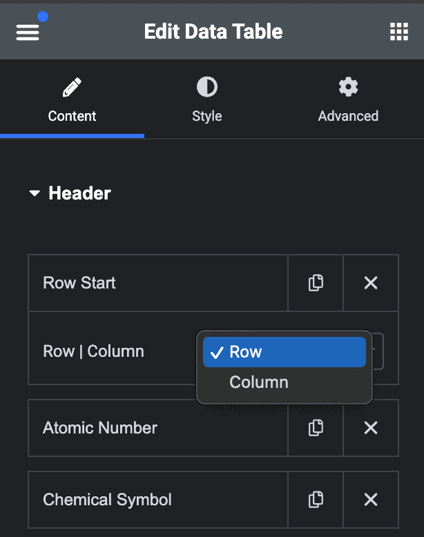 Data Table Header Settings