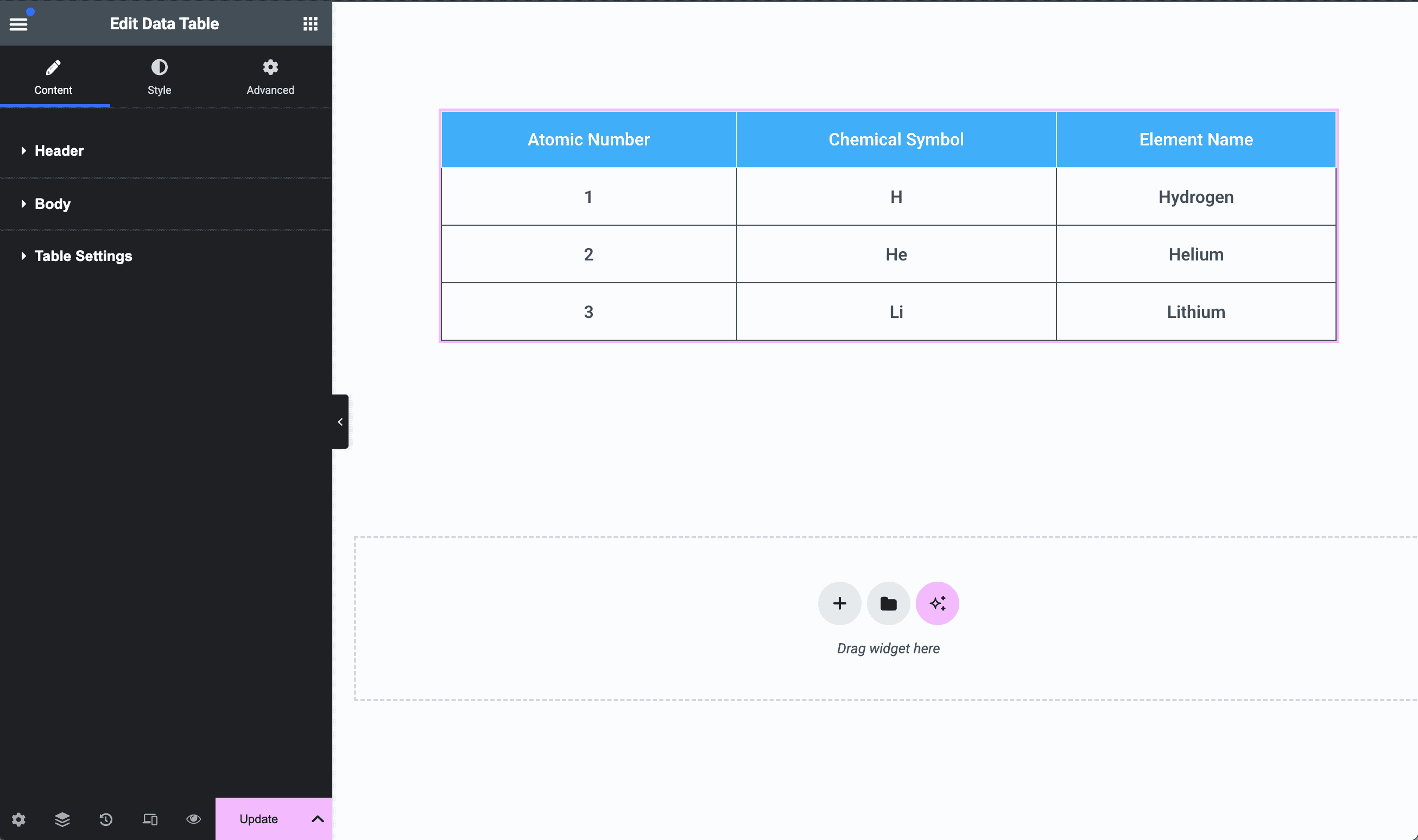 Data Table Widget Default Layout