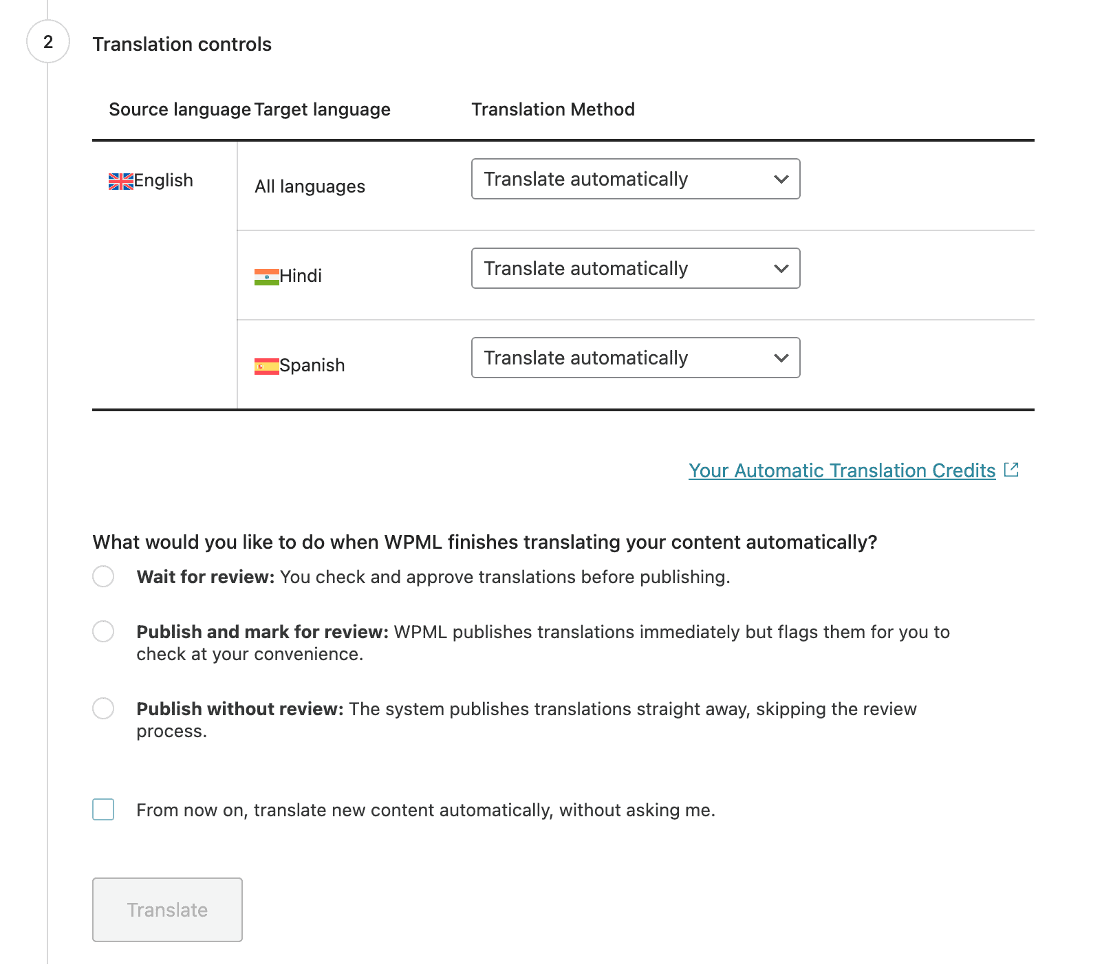 WPML Translation Management: Choose Translation Method